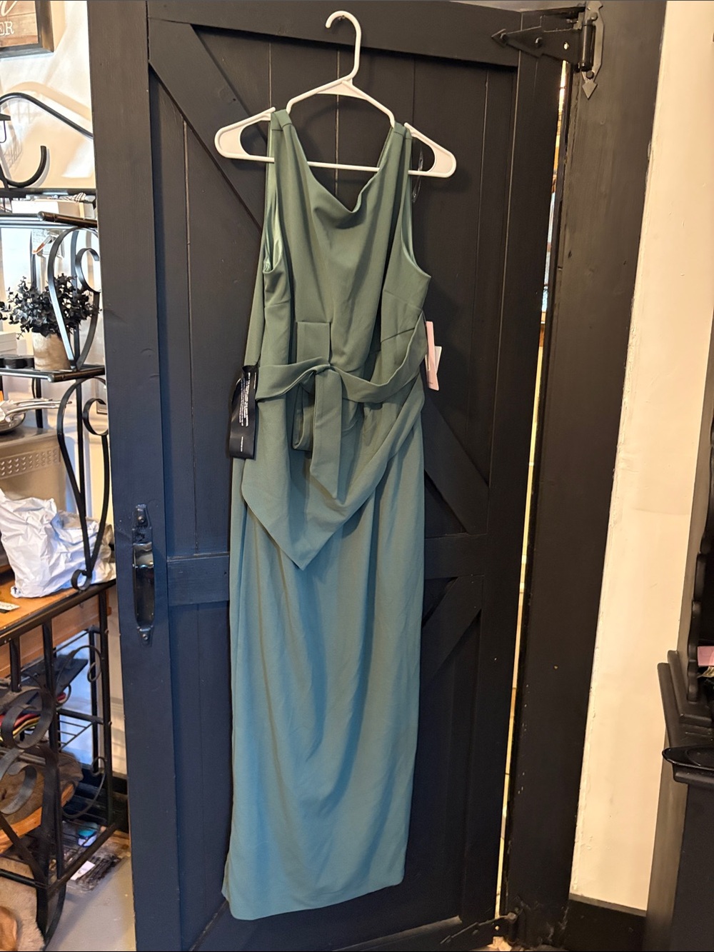 JS Collections Teal Green Sleeveless Cowl Neck Maxi with Waist Sash